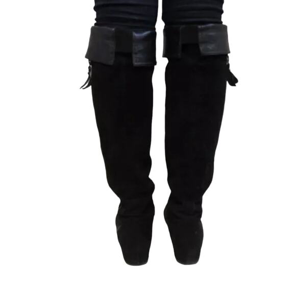 Stuart Weitzman Over the Knee Black Leather and Suede Roll Cuff Tall Boots 7.5 - Picture 7 of 15